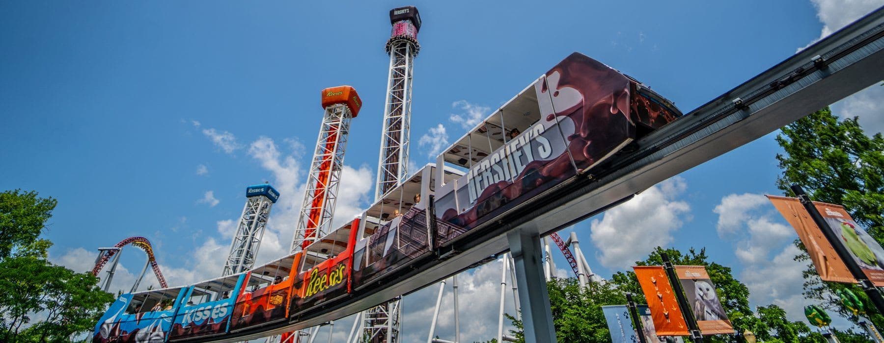 The Monorail at Hersheypark with Hershey Chocolate logos on side