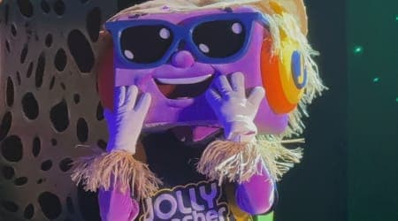 Jolly Rancher character posing for picture